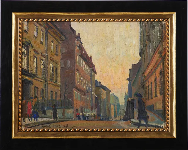 ALFRED HEDLUND (1884-1930). Stadsmotiv med flanörer, olja på duk uppklistrad på kartong, monogramsignerad och daterad -19.