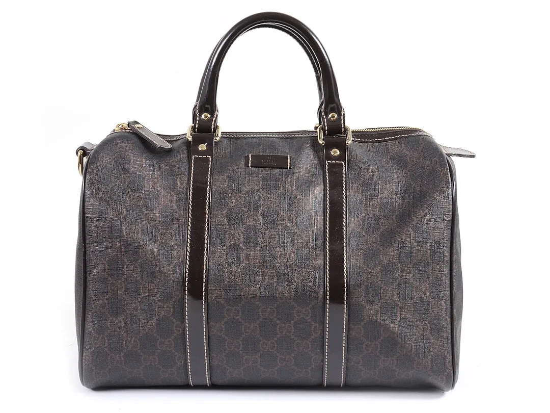 BAG, GUCCI, Joy/Boston, vaxat tyg, skinnlack detaljer i brunt, 32x22x17cm, dustbag. — Accessoarer/Väskor — Kaplans
