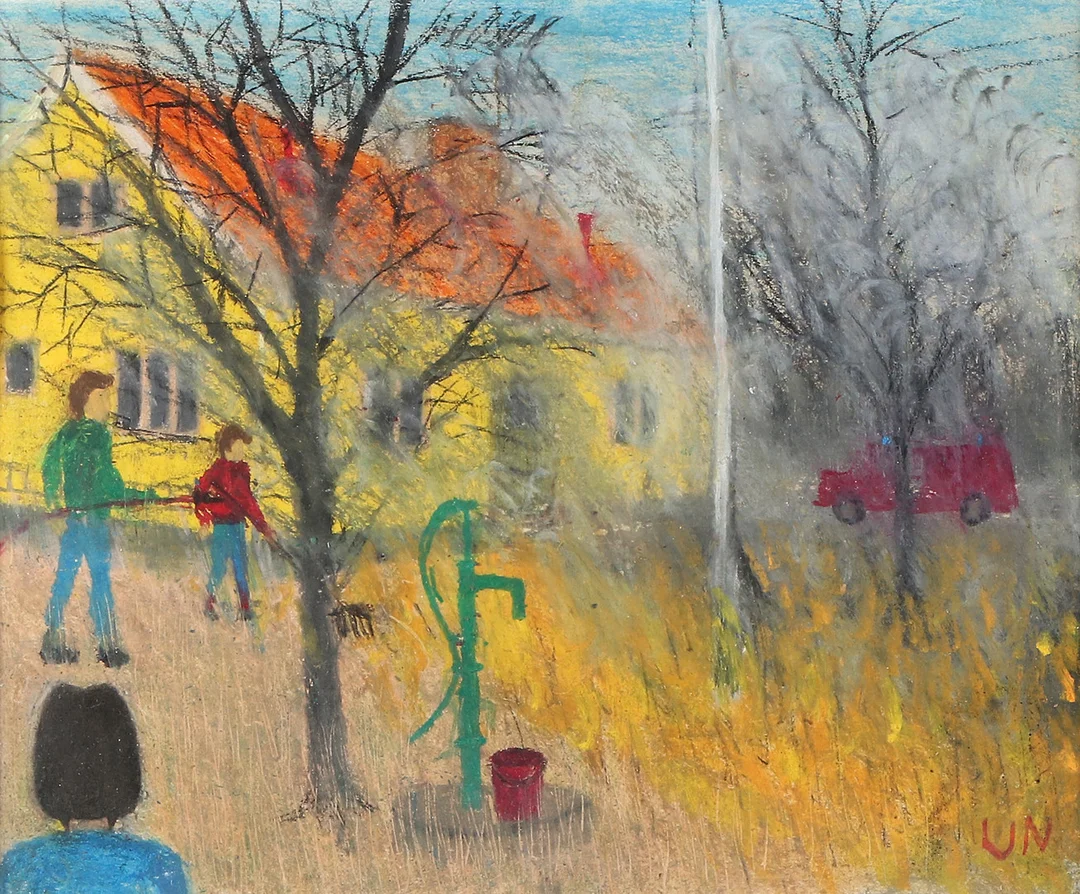 VERA NILSSON. Pastell. Figurer i trädgård. Signerad VN. — Paintings — Skånes Auktionsverk