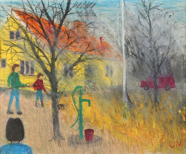 VERA NILSSON. Pastell. Figurer i trädgård. Signerad VN.
