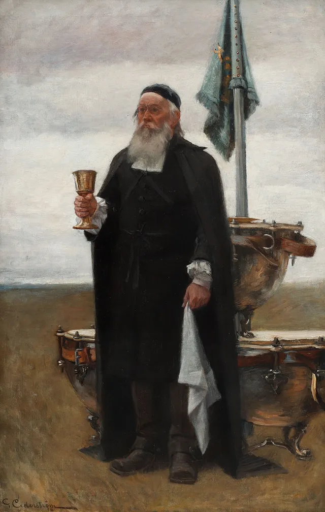 GUSTAF CEDERSTRÖM. "Fältprästen". Olja på duk. Utförd 1916.