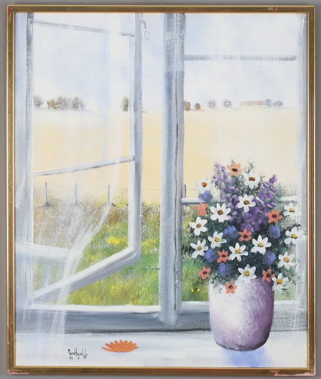 MATS HÅDELL. Blommor vid fönster, akryl på duk, signerad och daterad 79.