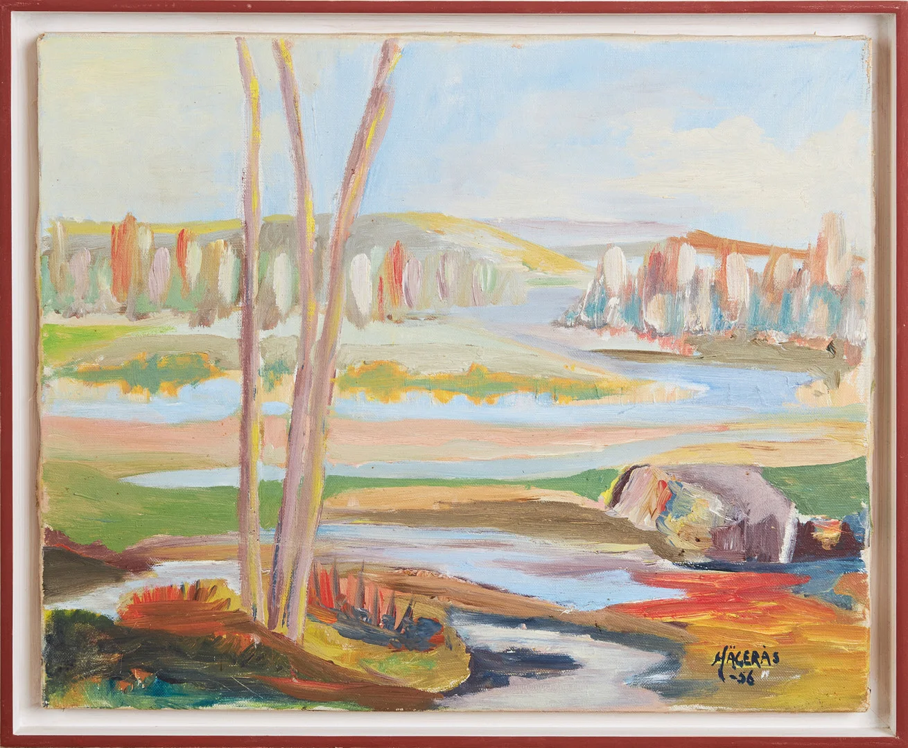 HANS-ERIK ERIKSSON (1921-1997). TILLSKRIVEN. Landskapsmotiv, olja på duk, osignerad, Hägerås -56. — Paintings — Stockholms Auktionsverk Magasin 5