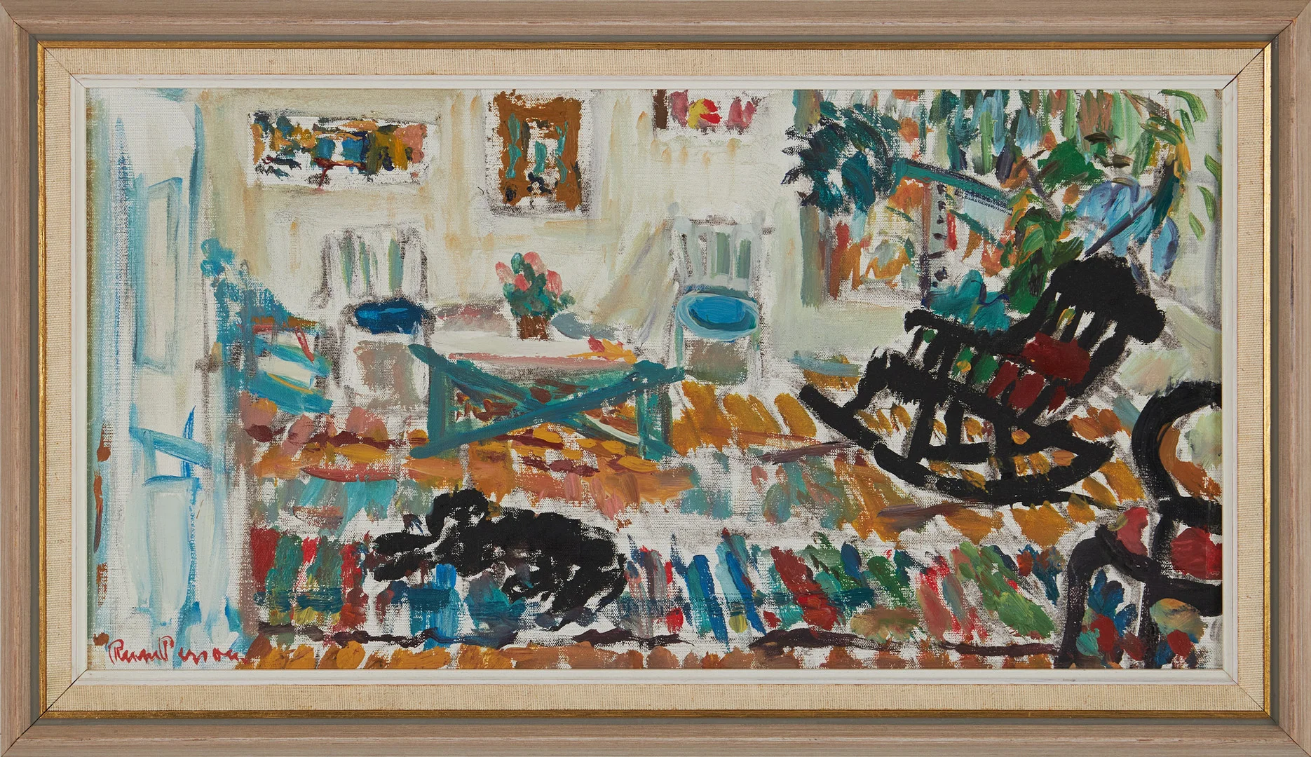 RUNE PERSON. Interiör med vilande hund, olja på duk på pannå, signerad. — Paintings — Stockholms Auktionsverk Magasin 5