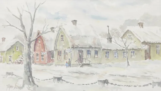 DAVID JÄGERSKOGH. Vinterdag bland hus, akvarell, signerad.