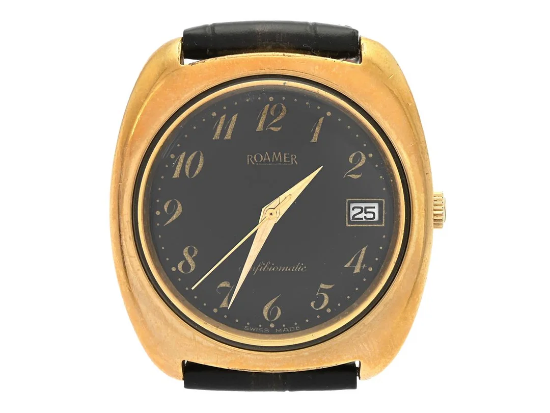 ROAMER, Anfibiomatic, Boett nr. 522-1223-013, herrur, 37 mm, doublé, automatisk, plexiglas, datum, läderband, ca 1970. — Klockor/Roamer — Kaplans