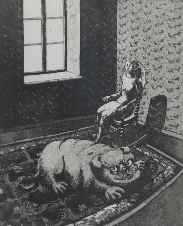 EVA REX. "Vakthunden", etsning, signerad 1976.