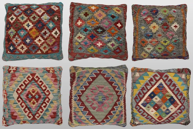KUDDFODRAL, 6 st, anatoliska kelim fragment, ca 50 X 50 cm.