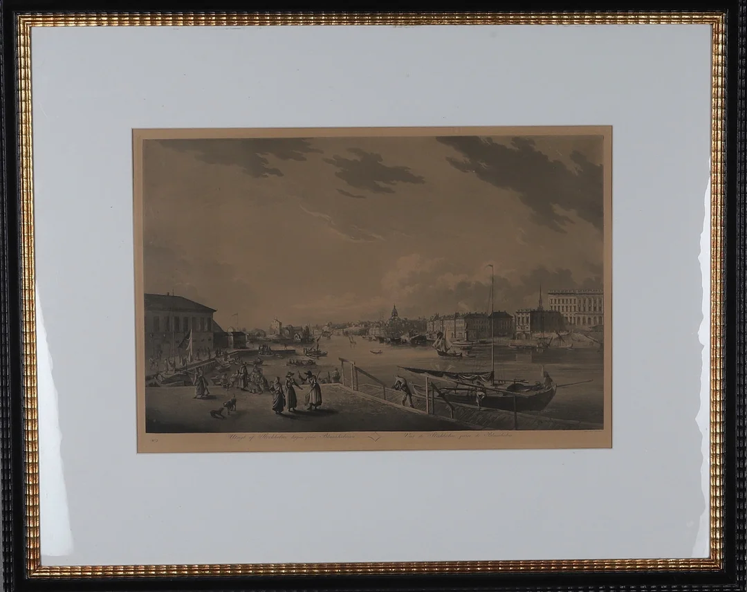 JOHAN FREDRIK MARTIN. EFTER. Etsning, "Utsigt af Stockholm från Blasiiholmen", numrerad 7. — Engravings & Prints — Gomér & Andersson Norrköping