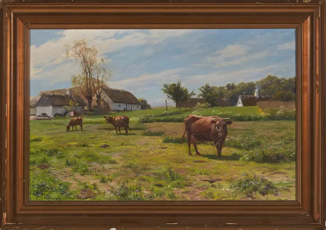 Mønsted, Peder Mørk — Gårdstun med kyr, 1924