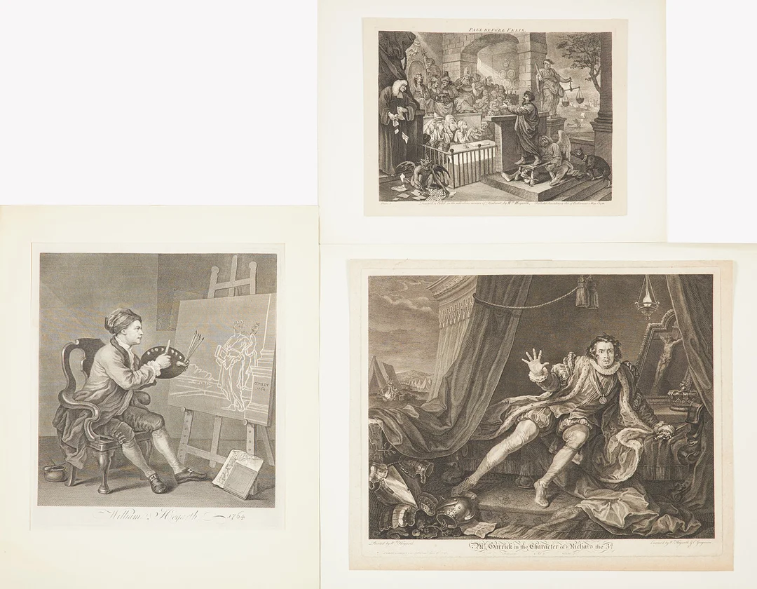 WILLIAM HOGARTH. 3, st, "Hogarth painting the comic muse", "CHARLES GRIGNION I. 'Mr Garrick in the character of Richard III', "Paul before Felix plate 1" (efter), kopparstick. — Engravings & Prints — Stockholms Auktionsverk Sickla