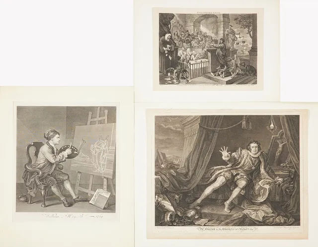 WILLIAM HOGARTH. 3, st, "Hogarth painting the comic muse", "CHARLES GRIGNION I. 'Mr Garrick in the character of Richard III', "Paul before Felix plate 1" (efter), kopparstick.