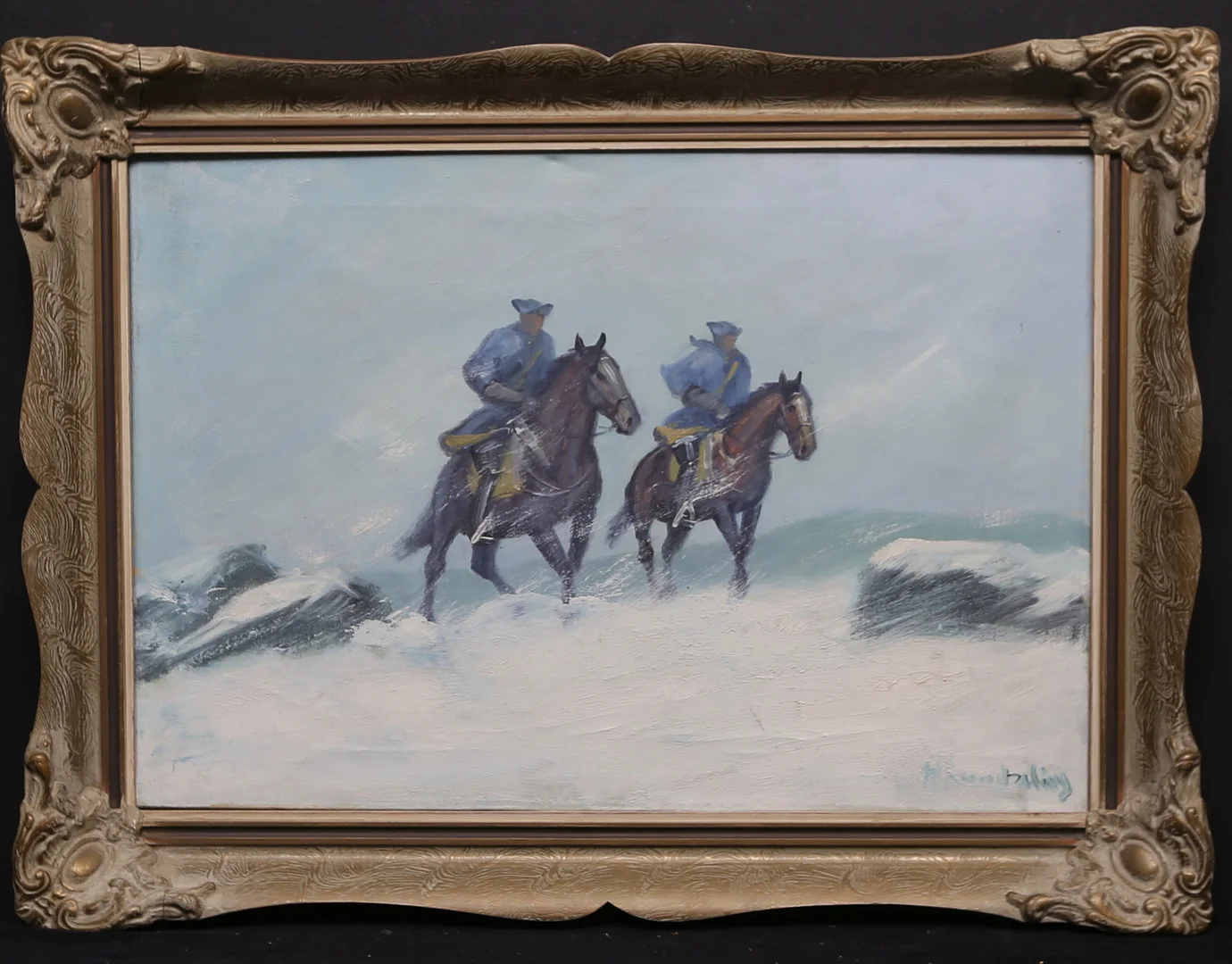 NILS LANDZELIUS. Karoliner i vinterlandskap, signerad. — Paintings — Gomér & Andersson Linköping