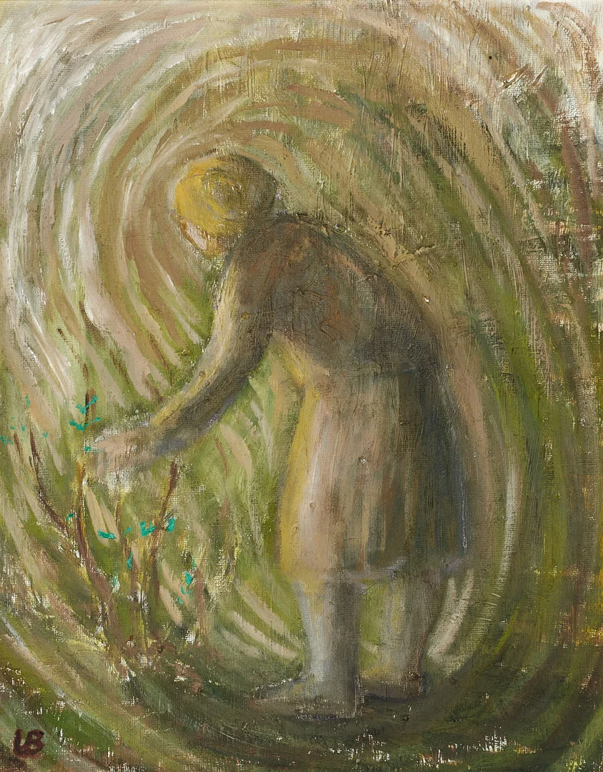 ULLA BERTHELS (Stockholm 1923-1990 Ålems församling i Kalmar län). Dam i trädgård, monogramsignerad UB, olja på duk. — Paintings — Crafoord Auktioner Stockholm