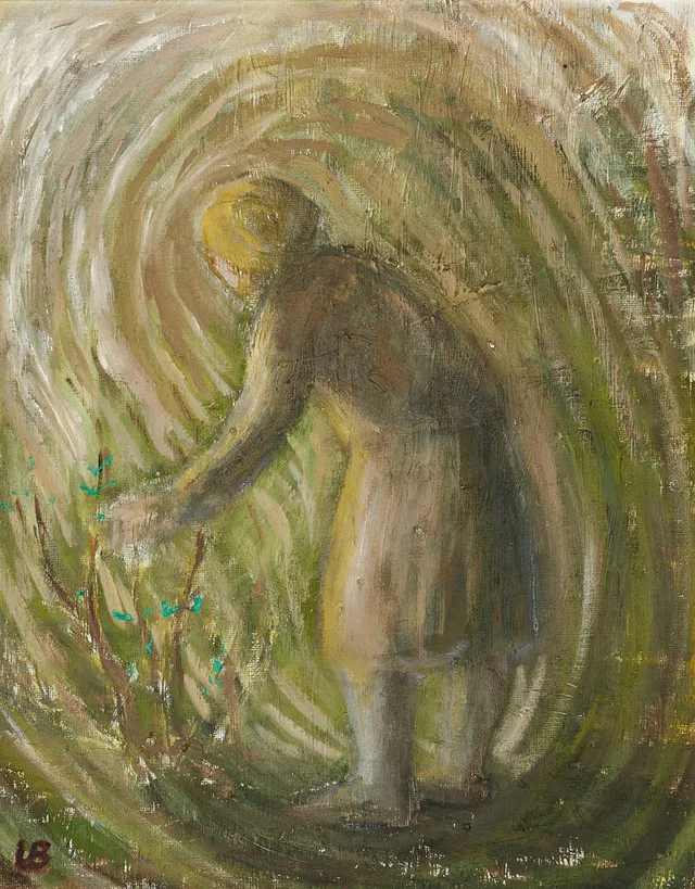 ULLA BERTHELS (Stockholm 1923-1990 Ålems församling i Kalmar län). Dam i trädgård, monogramsignerad UB, olja på duk.