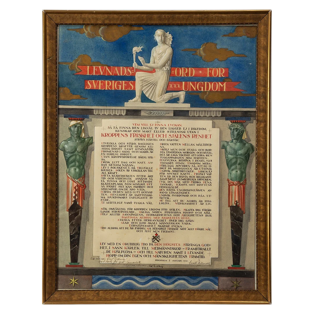 AXEL WALLERT. "Levnadsord för Sveriges ungdom", visdomsord av Ernst Tillander. — Paintings — Stockholms Auktionsverk Göteborg