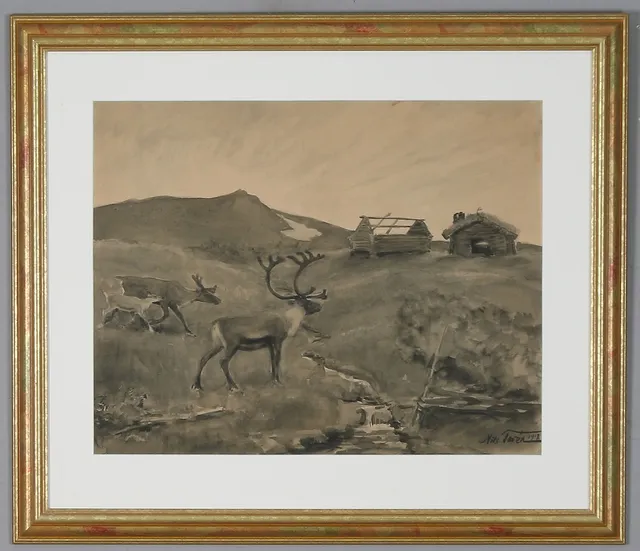 NILS TIRÉN. Renar vid härbre, akvarell på papper, signerad och daterad 1919.