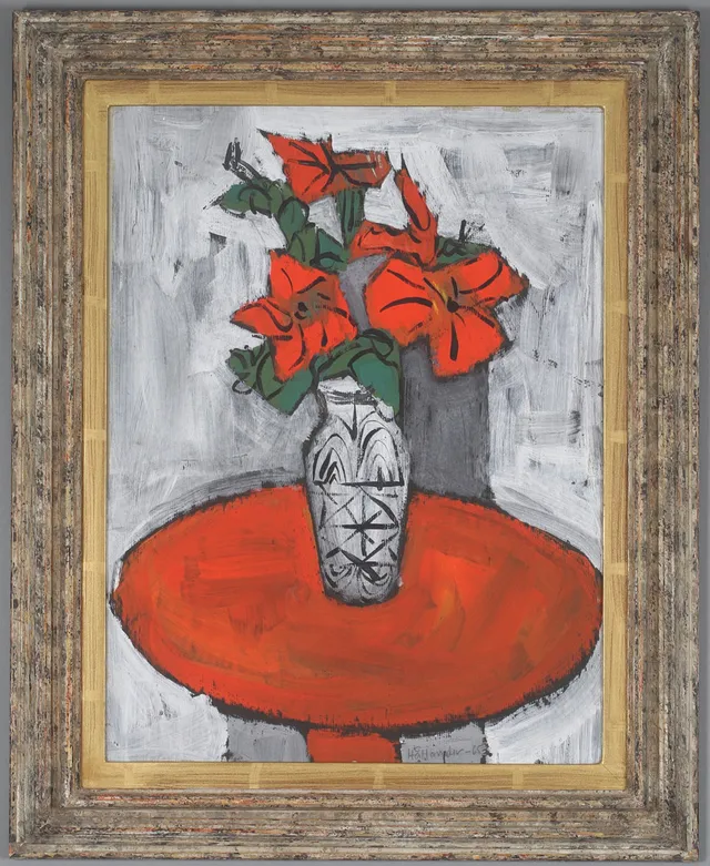 GUNNAR HÅLLANDER. "Rött bord, röda blommor", olja på pannå, signerad och daterad 1965.
