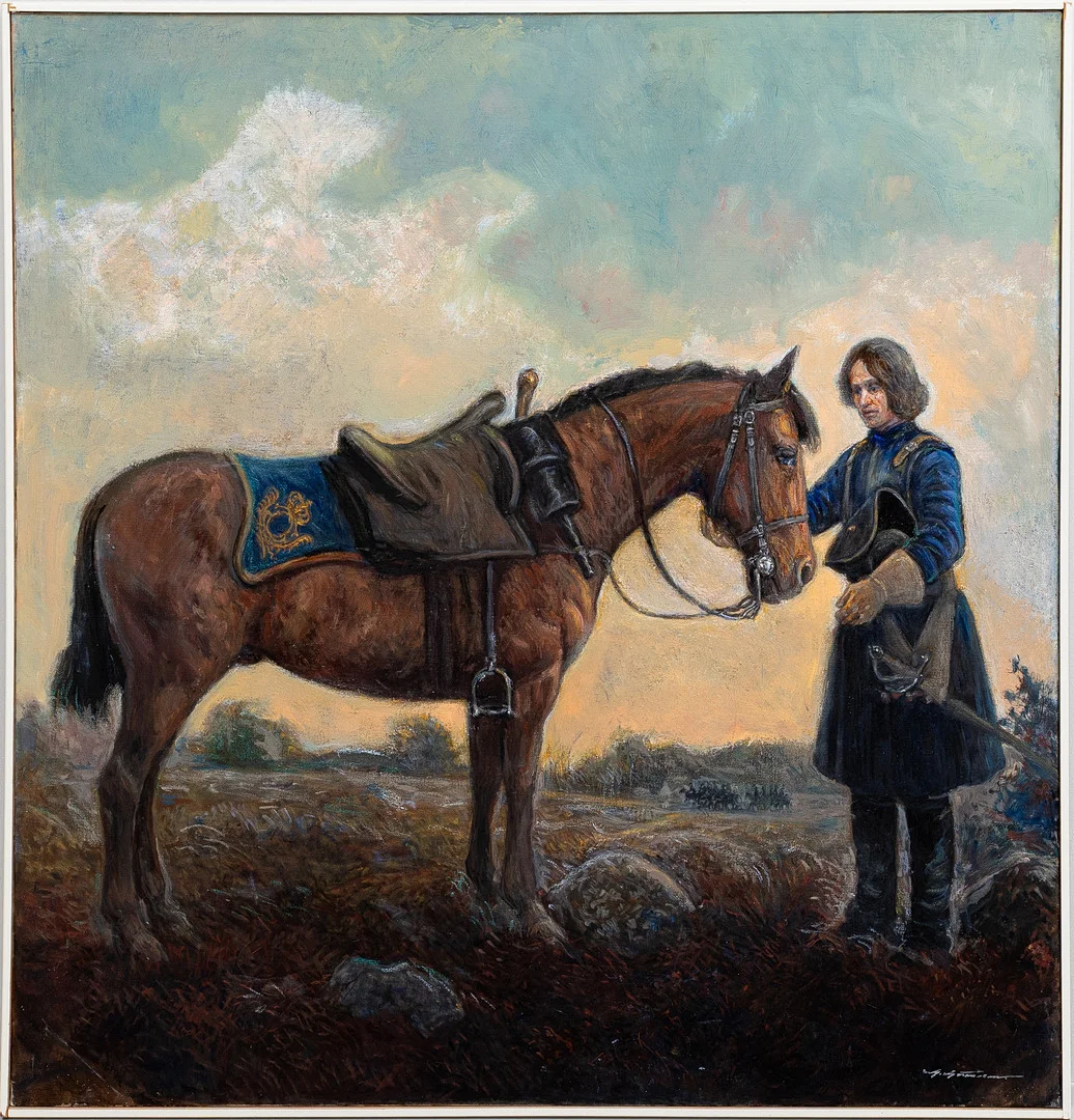 GÖTE GÖRANSSON. Karolinsk kavallerist, olja på duk, signerad. — Paintings — Auktionshuset Kolonn