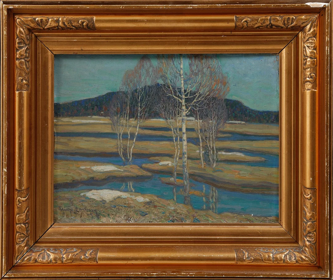 HUGO CARLBERG. Vinterlandskap, olja på pannå, signerad. — Paintings — Göteborgs Auktionsverk