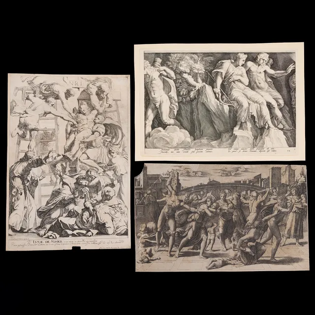 ÄLDRE GRAVYRER (3), ”The Massacre of Innocents”, Kopparstick ca 1510-14, efter Raphael. ”The Punishment of Niobe”, kopparstick 1594, efter Goltzius, efter Caravaggio. ”The Descent from the Cross”, etsning och kopparstick, ca 1700-1740, efter da Volterra.