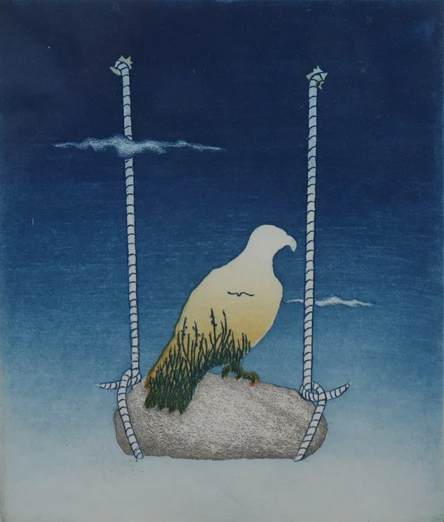 HANS JOHNFORS. färgetsning, komposition med rovfågel.