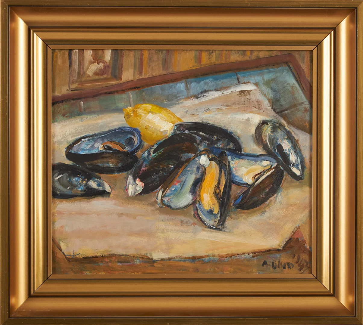 ANDERS OLSON. Musslor med citron, signerad A Olson och daterad 44, olja på pannå. — Paintings — Stockholms Auktionsverk Magasin 5