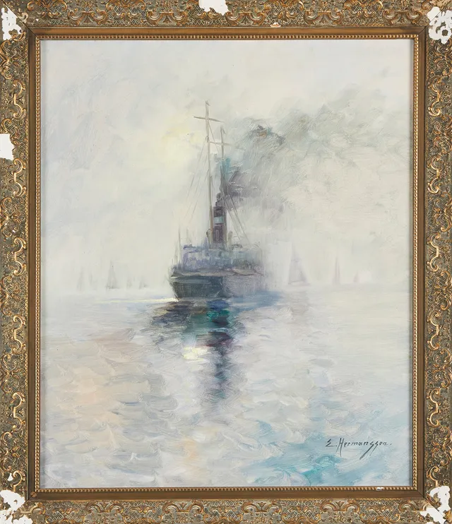 ELSE HERMANSSON (1900-1997). Skeppsmotiv, olja på duk, signerad.