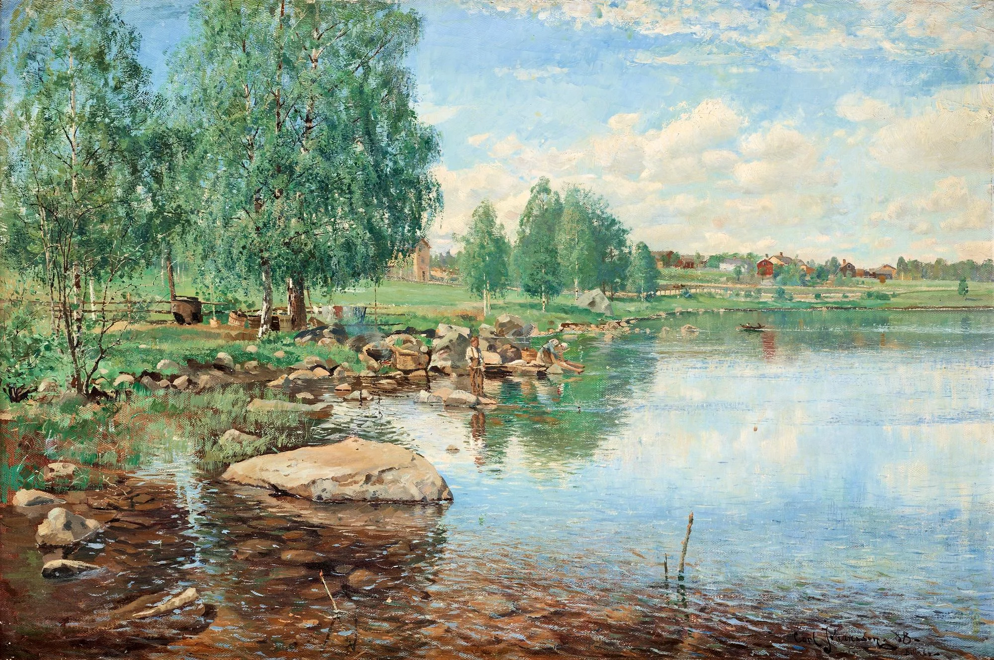 Carl Johansson, Insjölandskap med metande gosse. — Bukowskis