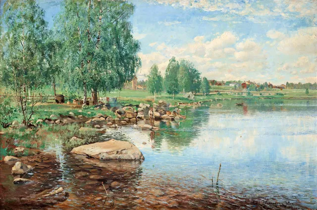 Carl Johansson, Insjölandskap med metande gosse.