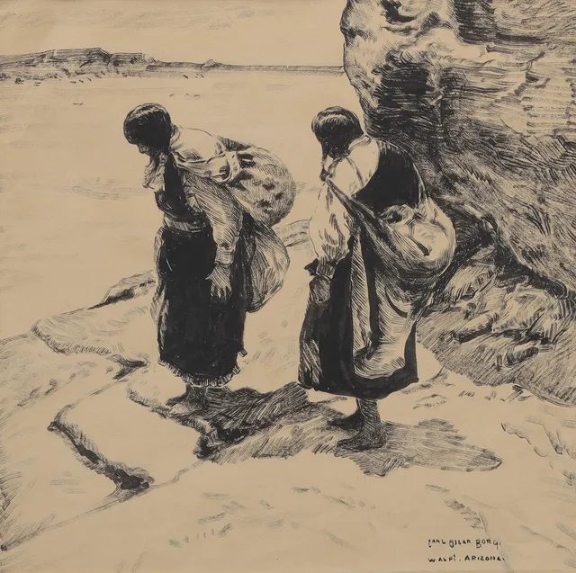 CARL OSCAR BORG (1879-1947). tuschteckning, signerad, "Vattenbärerskor", Walpi, Arizona.