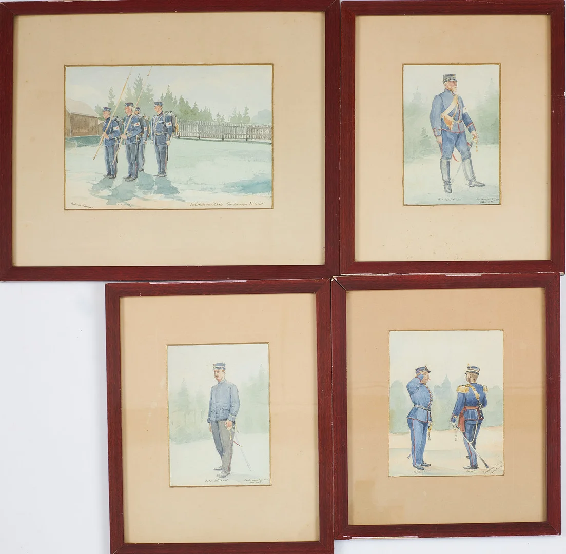 ALBERT VON HANNO (1862-1938). Motiv med militärer, 4 st, akvarell på papper, signerade, daterade 1901, Norge. — Paintings — Stockholms Auktionsverk Sickla