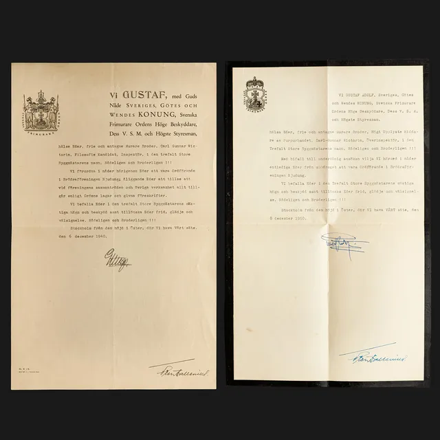 HANDSKRIFTER, GUSTAV V, GUSTAV VI ADOLF, SVENSKA FRIMURARE ORDEN, (2 st).