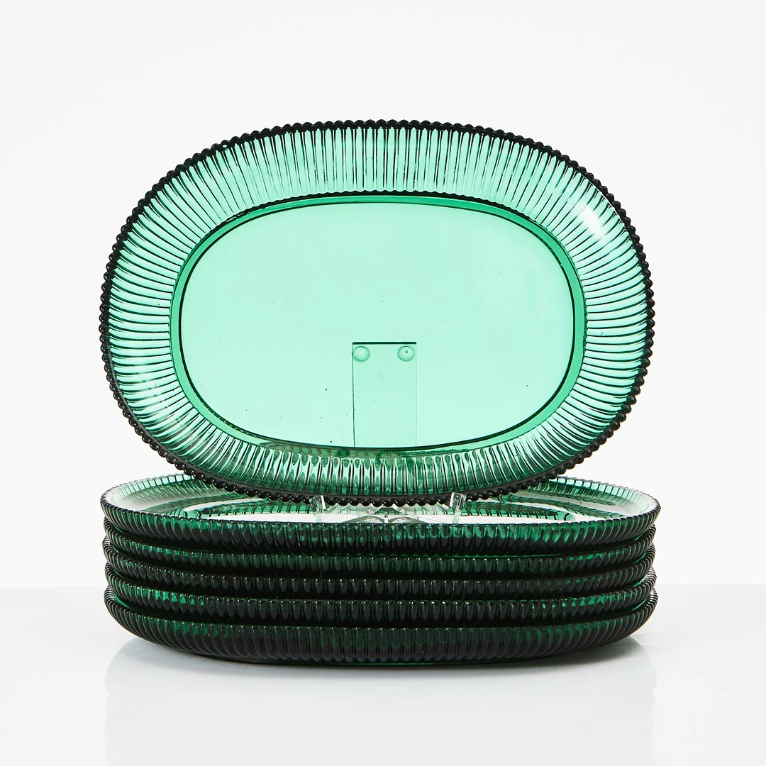 ARTHUR PERCY. "Räffla", hummertallrikar, 6 st., Gullaskruf, 1950-70-tal, grönt pressglas. — Utility glass — Stockholms Auktionsverk Magasin 5