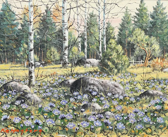 KARL ERIK HAGBERG. Blåsippor. Olja på duk. signerad.