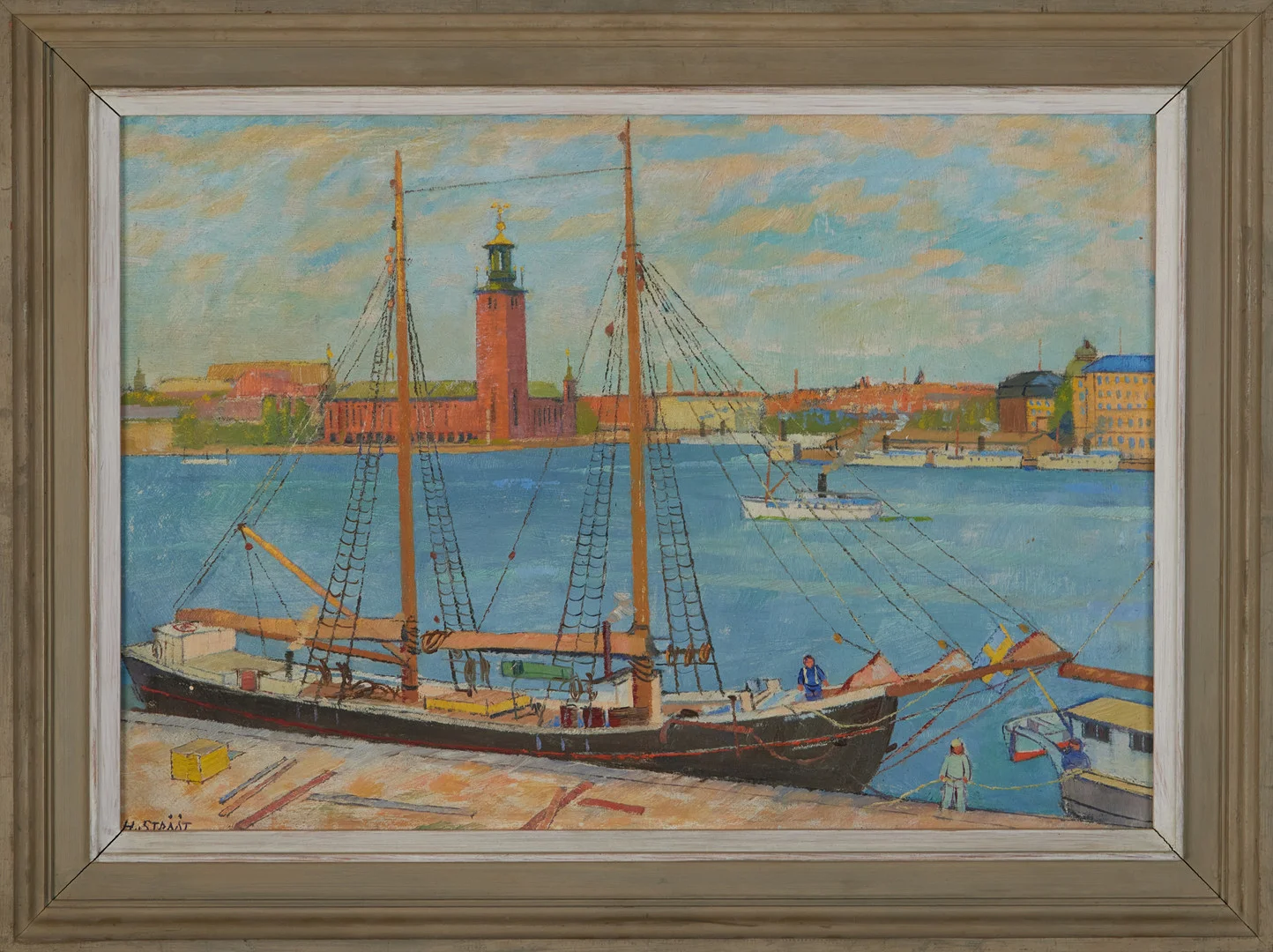HJALMAR STRÅÅT (1885-1971). Utsikt från Södermälarstrand mot Stadshuset, signerad Hj Strååt, datering a tergo 1944, olja på pannå. — Paintings — Stockholms Auktionsverk Magasin 5