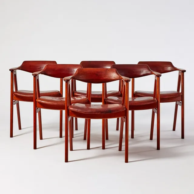 ERIK KIRKEGAARD. Karmstolar, sex stycken, Høng Stole, Danmark 1950/60-tal, modell 42, teak och brunt läder.