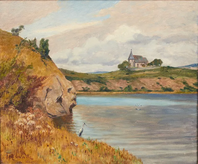 FRITZ VON WILLE (1860-1941). Seelandschaft mit Reiher am Ufer.