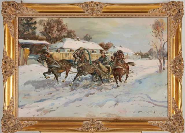 EDWARD PIERZYNSKI. (POLEN, FÖDD 1922). Slädfärd i vinterlandskap, olja på duk, signerad.