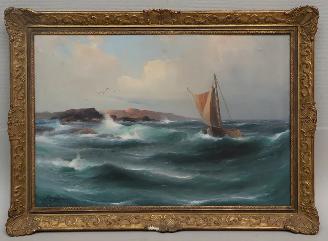 LUDVIG RICHARDE. Olja på duk, kustmotiv med segelbåt, signerad.