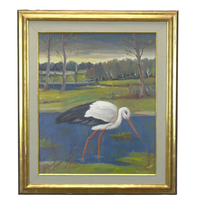 ERNST NORLIND. Olja på pannå, stork, monogramsignerad, -41.