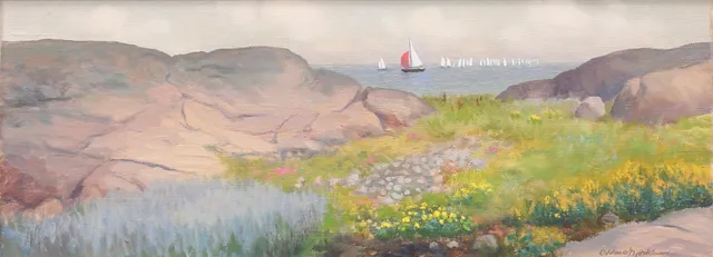 ODDMAR BJÖRKLUND. Kustmotiv med segelbåtar. Olja på duk, signerad.