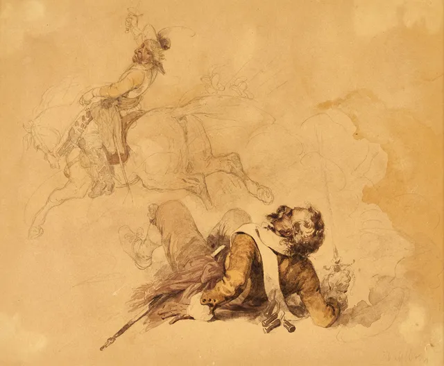 CARL WAHLBOM (1810-1858), Stridsscen från 30-åriga kriget, akvarell.