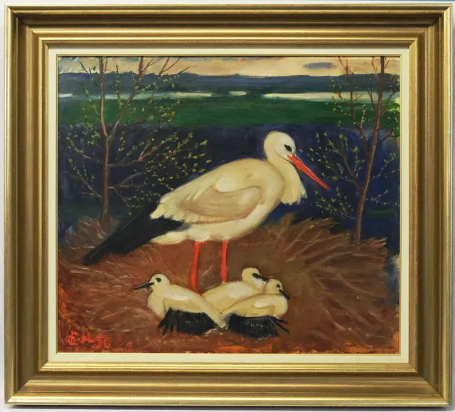 ERNST NORLIND. OLJA PÅ PANNÅ, STORK MED UNGAR, 60X69CM.
