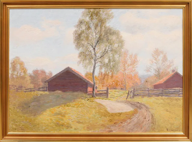 ERNST LINDGREN. Landskap med röda hus, olja på duk, signerad och daterad 1912.