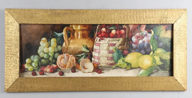 ARTHUR DUDLEY (1864-1919). STILL LIFE OF FRUIT, A WICKER BASKET AND AN EARTHENWARE EWER.