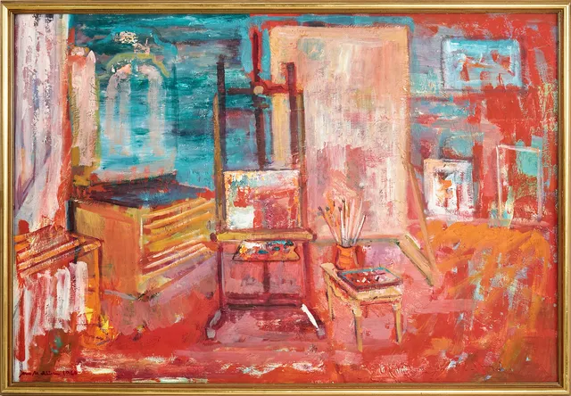 JENS MATHISEN. Komposition, ateljeinteriör, olja på pannå, signerad och daterad 1960.