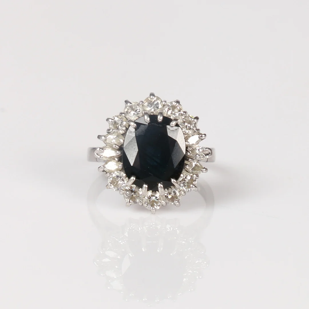 18CT WHITE GOLD DIAMOND & SAPPHIRE CLUSTER RING. — Rings — Bishop & Miller