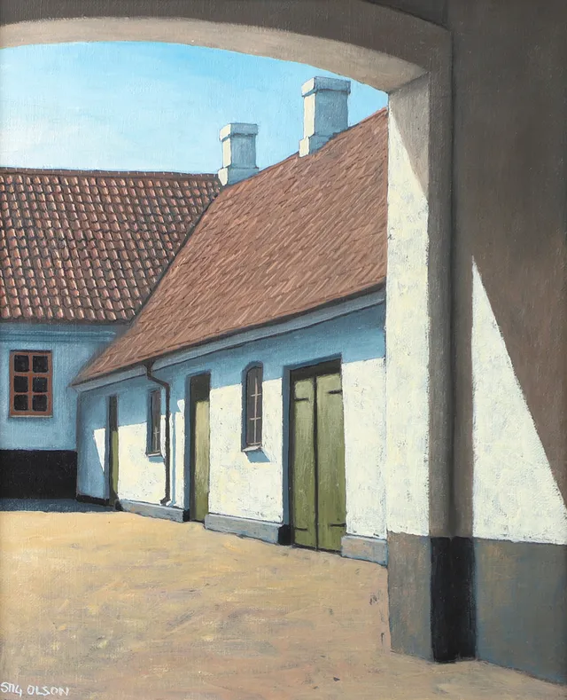 STIG OLSON. Gårdsinteriör, olja på duk, signerad.