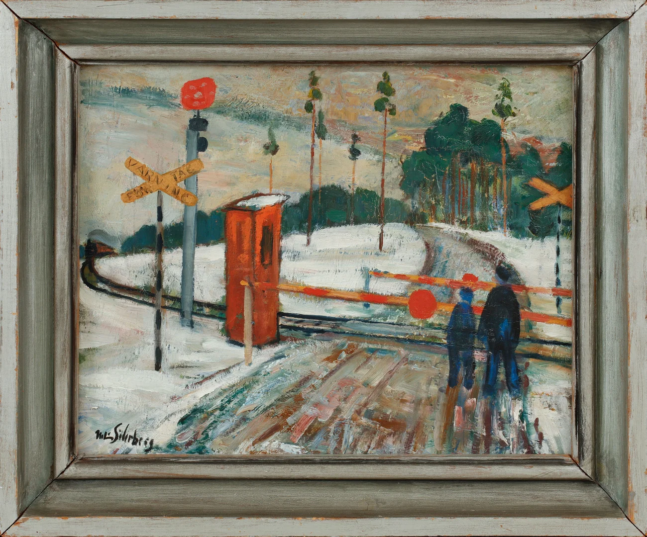 NILS SÖDERBERG. Figurer vid järnvägsövergång, olja på pannå, signerad. — Paintings — Göteborgs Auktionsverk